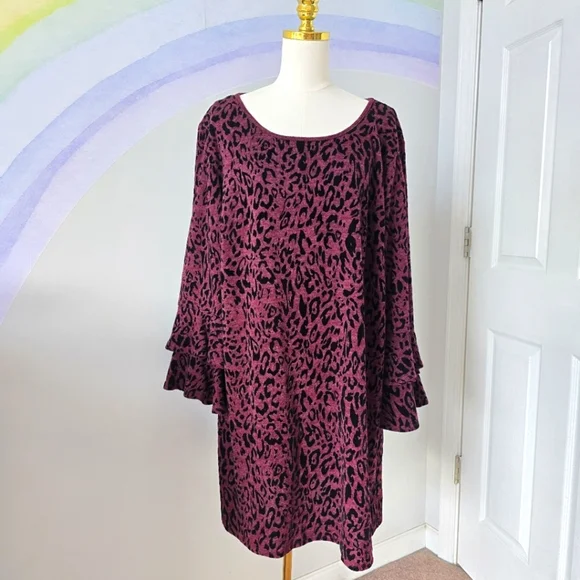 Tacera | 2X | Burgundy & Black Animal Print Bell Sleeve Dress - Picture 1 of 9